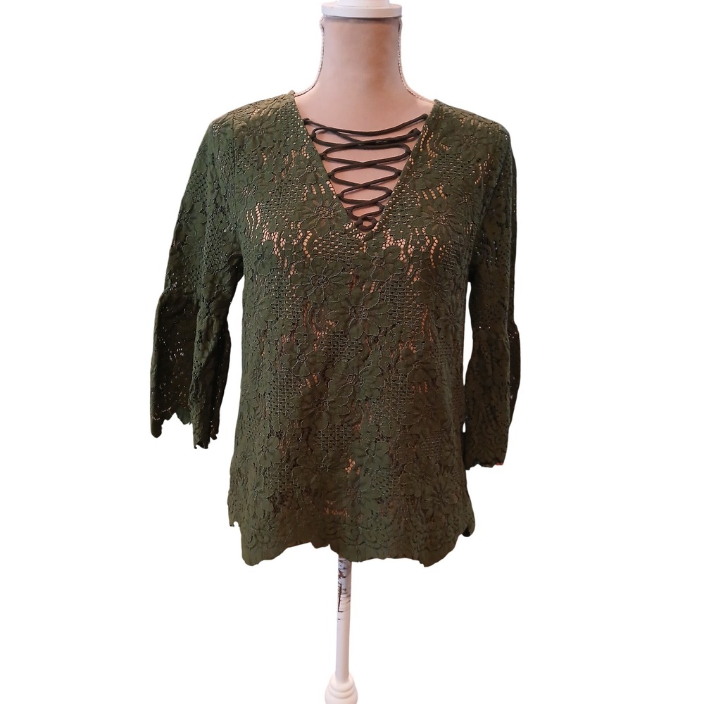 Entro Small Olive Green Floral Bell Sleeve Lace Up V-Neck Blouse Forest Fairy